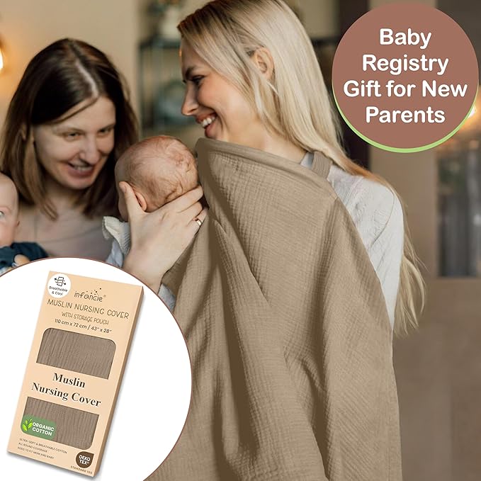 100% Organic Cotton Nursing Cover & Shawl - 43 x 28 Inch Breathable Muslin Breastfeeding Nursing Apron Cover with Arch Neckline for Mothers, Multi-use Carseat Canopy (Beige)