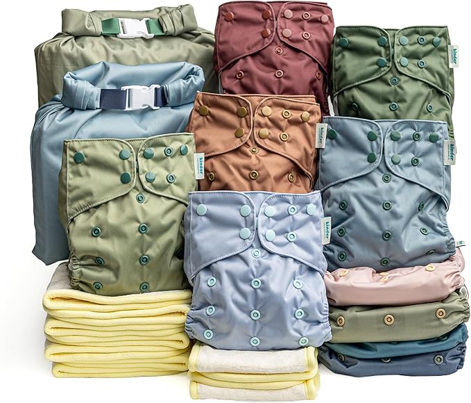 Kinder Cloth Diapers Reusable Baby Diapers Pocket Style Athletic Wicking Jersey, Bamboo Viscose Inserts, Wet Bag, Newborn to Potty Training 7-60lbs, One Size (Coastal Calm, 10 Pack, with Inserts)