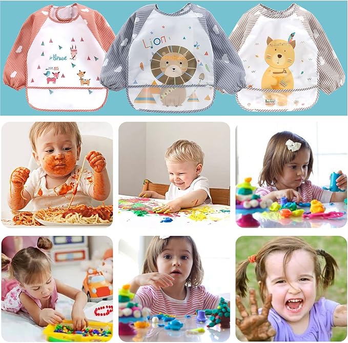Waterproof Baby Bibs, 3 Pieces Bib with Sleeves EVA Long Sleeve Bib Boys Girls 6-36 Months, Waterproof Baby Bibs for Eating, Drinking, and Playing