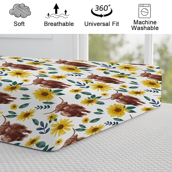 Highland Cows Boho Sunflowers Changing Pad Cover Cute Yak Floral Diaper Changing Table Cover Sheets for Boys Girls Soft Breathable Stretchy Fitted Changing Table Mats 32''x16''