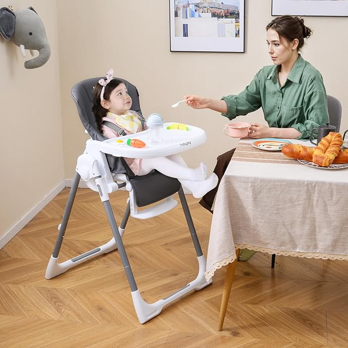 BABY JOY Foldable High Chair, Portable Highchairs for Babies and Toddlers with 7 Heights, 5 Recline Positions, Adjustable Foot Rest, Double Removable Tray & Built-in Wheels (Dark Gray)
