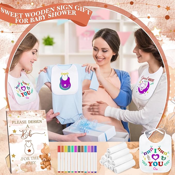 Panitay 100 Pcs DIY Baby Bibs Decorating Kit 50 White Bibs 25 Stencils 24 Markers 1 Baby Shower Game Sign