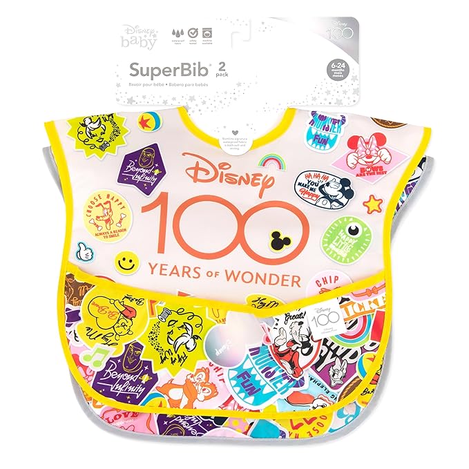 Bumkins Disney Bibs for Girl or Boy, SuperBib Baby and Toddler for 6-24 Months, Essential Must Have for Eating, Feeding, Baby Led Weaning, Mess Saving Catch Food, Fabric, 2-pk 100 Happy Faces