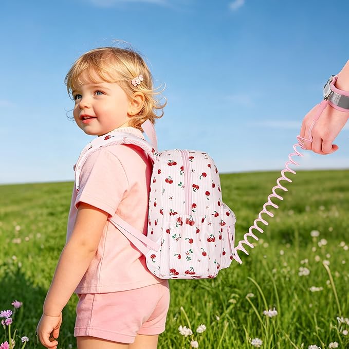 Corduroy Toddler Backpack with Detachable Leash and Anti-Lost Wrist Link, Safety Harness Walking Backpack for Toddler Boys Girls 1-3, Cute Cherry Travel Backpack with Leash for Kids