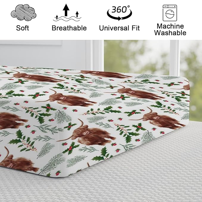 Christmas Highland Cows Changing Pad Cover Cute Yak Cherry Fir Leaves Diaper Changing Table Cover Sheets for Boys Girls Soft Breathable Stretchy Fitted Changing Table Mats 32''x16''