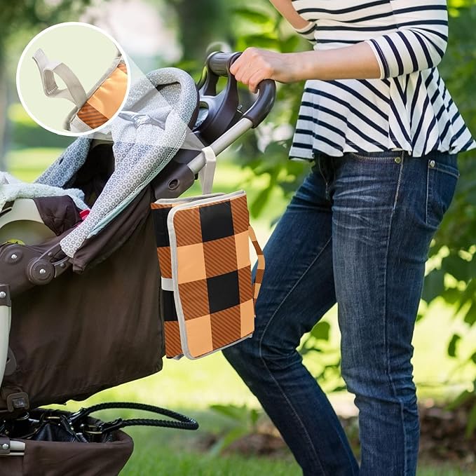 Portable Diaper Changing Pad Travel Baby Changing Mat Waterproof Diaper Changing Mat Foldable Lightweight Baby Changer with Built-in Pillow Autumn Orange and Black Plaid