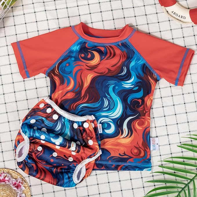 ALVABABY Baby Girl Swimsuit, 2-Piece Infant Toddler Bathing Short Sleeve Swimwear, Large Baby Reusable Swim Diaper with Matching Top