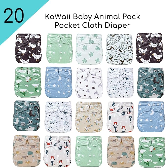 KaWaii Baby One Size Pocket Cloth Diaper Shells, Washable, Reusable, Adjustable, Leakproof, Newborn to Toddler 8-36 lbs Animal Learning Bundle, Pack of 20