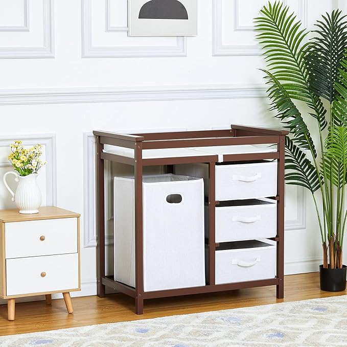 Garvee Wooden Baby Changing Table, Modern Diaper Changing Table, Infant Diaper Station Dresser with Laundry Hamper, 3 Drawer Basket- Storage Organizer for Baby Clothes, Diapers & Toys