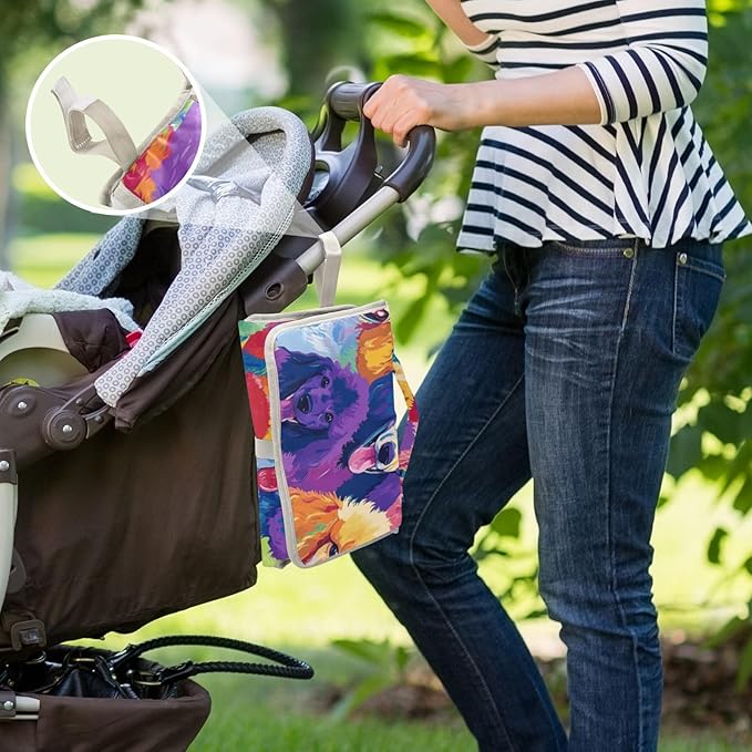 Portable Diaper Changing Pad Travel Baby Changing Mat Waterproof Diaper Changing Mat Foldable Lightweight Baby Changer with Built-in Pillow Vibrant and Colorful Poodle