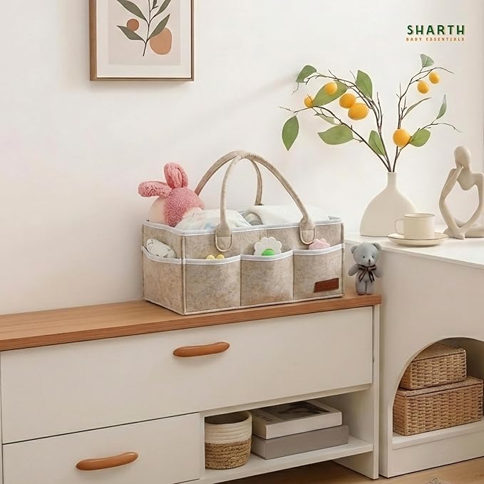 Sharth Baby Diaper Caddy Organizer with Handle, Baby Shower Gifts Basket Bag, Registry Search Must Haves Items, Nursery Storage Organizer for Newborn Girl Boy, Car Diaper Caddy (Beige)