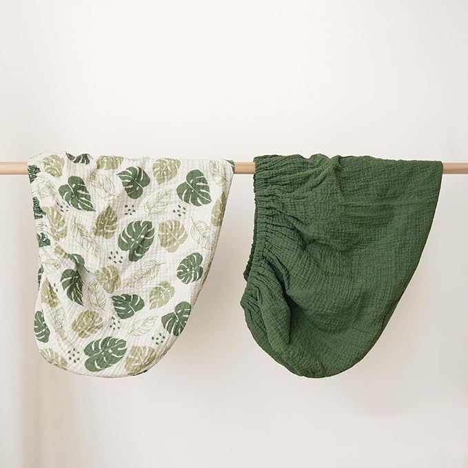 Konssy 2 Pack Muslin Changing Pad Covers for Boys, Ultra Soft & Breathable Cotton Baby Diaper Changing Table Covers, Neutral Nursery Diaper Changing Pad Sheets (Sage Green,Leaf)