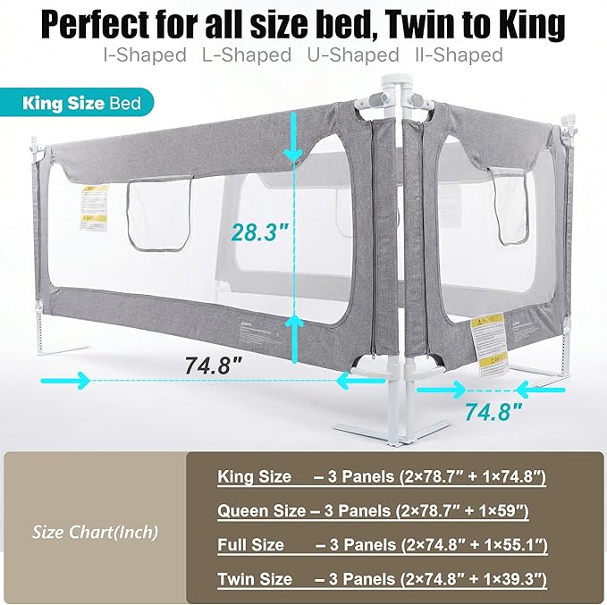King Size Baby Bed Rail Guard – Extra Tall Safety Bedside Rail with Headboard Rod for Toddlers, Adjustable No-Gap Design, 3 Panels (2×78.7″ + 1×74.8″), Gray