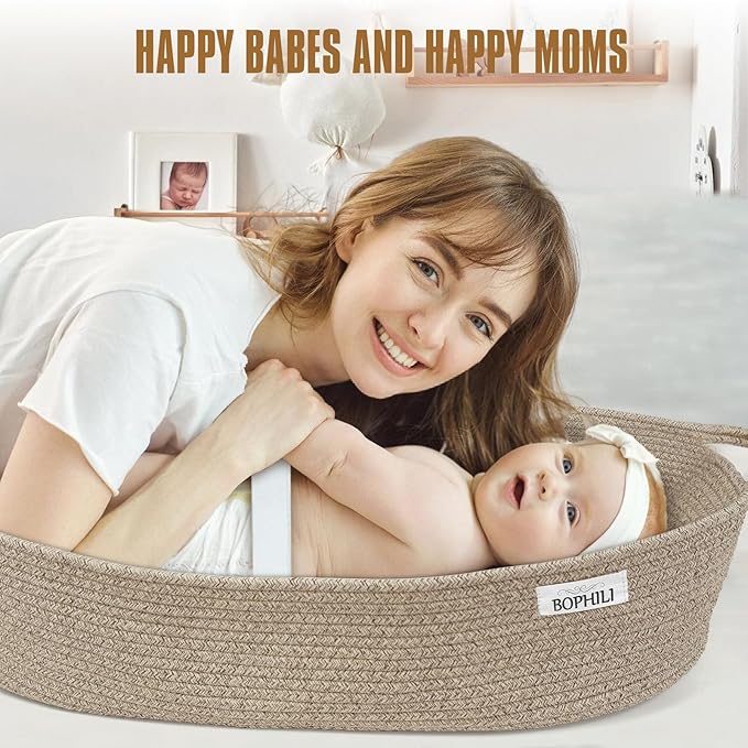 Baby Changing Basket Foldable Baby Changing Pad and Waterpoof Cover, Premium Handmade Cotton Rope Reinforced Moses Baskets Changing Table Topper, Built-in Security Strap (Warm Brown)