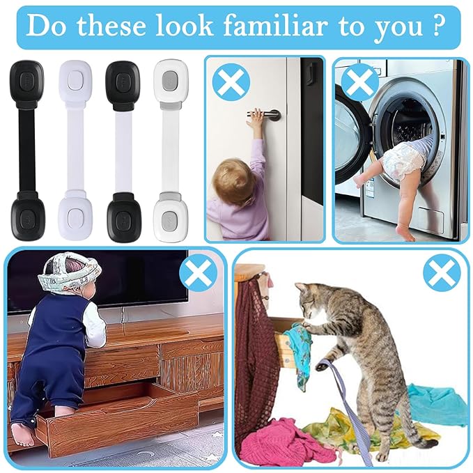 Fursafe&Q Baby Cabinet Locks, Child Safety Cabinet Proofing -Child Safety Strap Locks Adhesive Drawer Fridge Ovens Door Toilet Latches No Drill Multi-Purpose for Furniture Kitchen Lock (White, 6Pack)