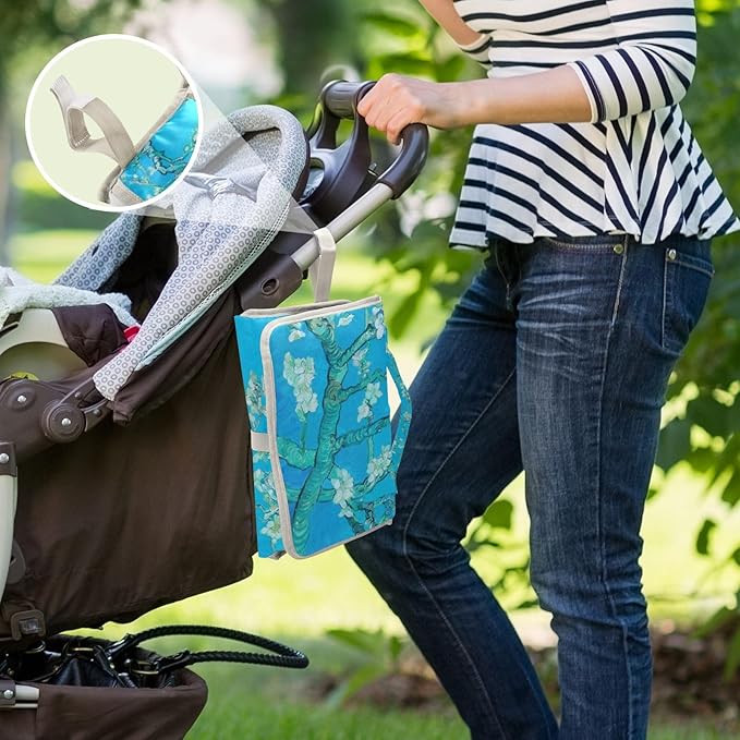 Portable Diaper Changing Pad Travel Baby Changing Mat Waterproof Diaper Changing Mat Foldable Lightweight Baby Changer with Built-in Pillow Van Gogh Almond Blossoms Blue