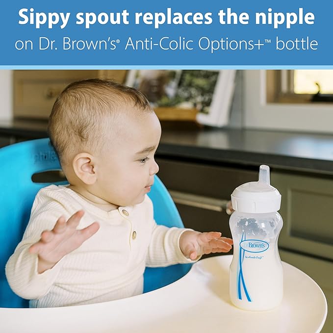 Dr. Brown's Milestones Wide-Neck Sippy Spout Bottle with 100% Silicone Handles, Easy-Grip Handles & Options+ Wide-Neck Baby Bottle Sippy Spout, 2Count