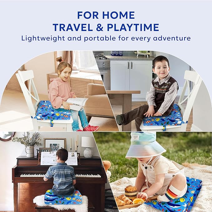 Toddler Booster Seat for Dining Table & Kitchen Chairs - Premium Foam with Non-Slip Bottom & Double Adjustable Straps, Safety Certified, Portable Travel &Easy to Clean (Blue-Ocean)