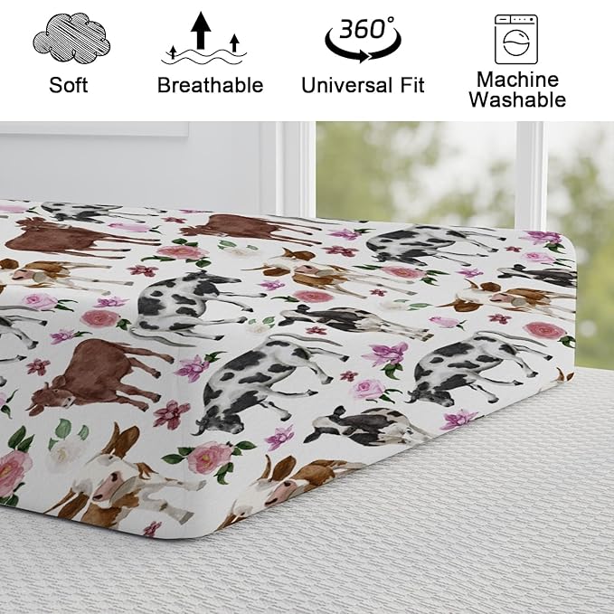 Cute Cows Changing Pad Covers Watercolor Cows Boho Floral Baby Nursery Diaper Changing Pad Sheets for Boys Girls Ultra Soft Breathable Stretch Changing Table Mat Sheets Cover 32''x16''