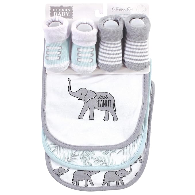 Hudson Baby Unisex Baby Cotton Bib and Sock Set, Modern Safari Elephant, One Size