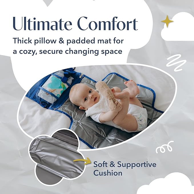 Portable Diaper Changing Mat, Fits Most Changing Tables, One-Hand Hook-and-Loop Fasteners, Front Touchscreen-Friendly Pocket, Blue