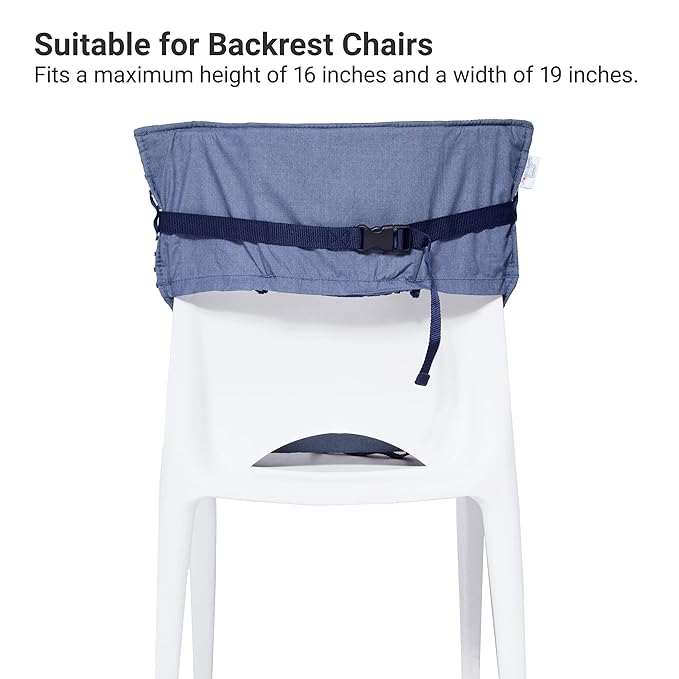 BabyToLove Pocket Seat | Compact Portable High Chair for Travel, Dining & More | Secure & Washable Toddler Seat with Harness | Fits Most Chairs | Lightweight Foldable | Denim