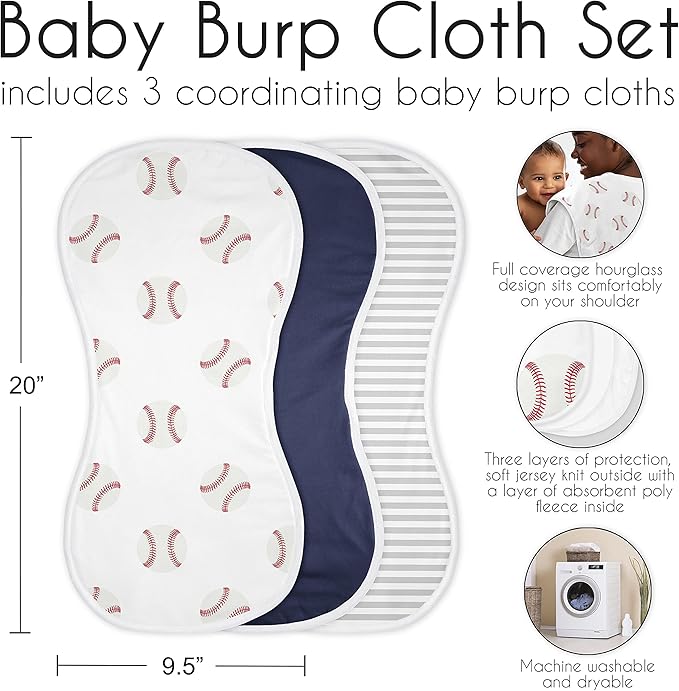 Sweet Jojo Designs Baseball Sports Baby Boy Absorbent Burp Cloths for Infant Newborn - Red and White Americana - 3 Pack Set of Dribble Drool Cloths
