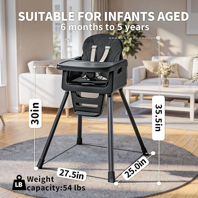 Portable High Chairs for Babies and Toddlers, Convertible Baby Feeding Chair with Tray, Easy Clean High Chair for Toddler with Foot Rest, Infant Highchairs & Booster Seats with Cushion Black