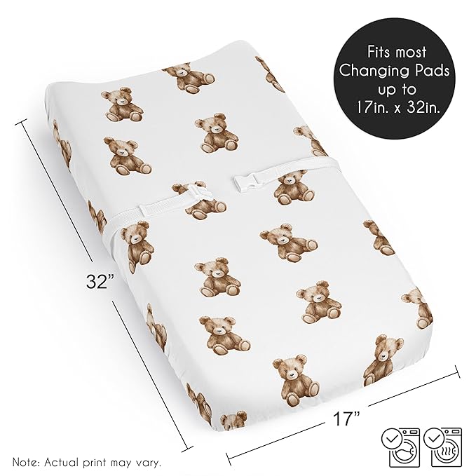Sweet Jojo Designs Baby Changing Pad Cover Sheet (Boho Teddy Bear) for Boys/Girls, Infant/Newborn Diaper Change Table Mat Covers (Soft, Brown Bears, Watercolor, Bohemian, Classic, Wholesome Aesthetic)