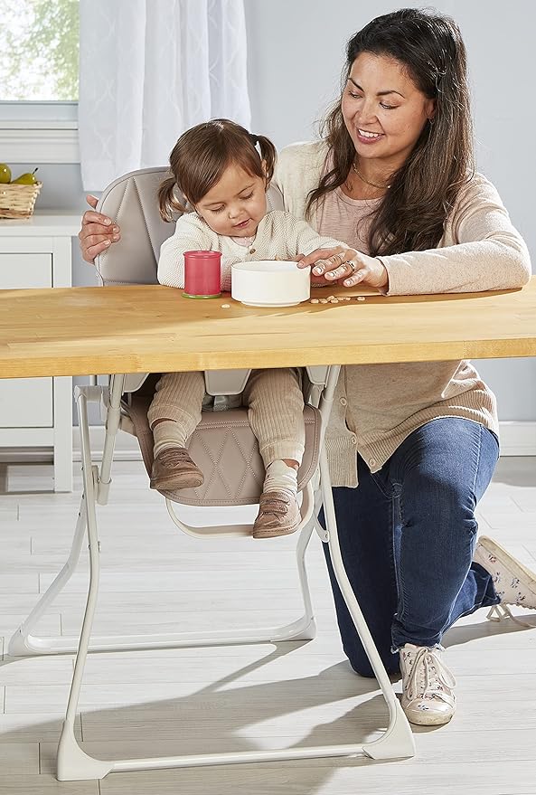 Primo PopUp Folding High Chair for Baby Age 6 to 36 Months - Taupe Folding Beach Style High Chair with Removable Dishwasher Safe Tray, 3pt Safety Harness, Leatherette Seat - Space Saving Design