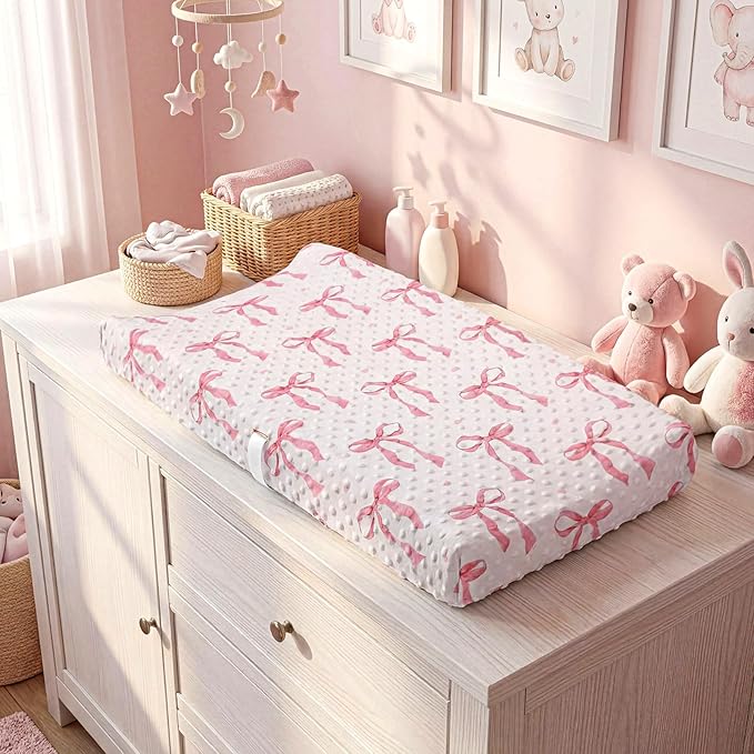 SmoothNovelty 3 Pcs Pink Bow Baby Changing Pad Covers, Flowers Changing Table Cover for Girls, 32 x 16 in Minky Table Sheets, Soft Velvet Nursery Decor, Baby Items