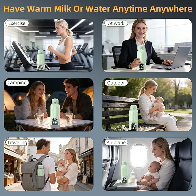Portable Bottle Warmer for Travel, 17oz Large Capacity, 18000mAh Battery Life, Dual Heating Modes for Breast Milk Water, Fast Heating, Cordless Milk Warmer for Car Airplane Outdoor (Green)