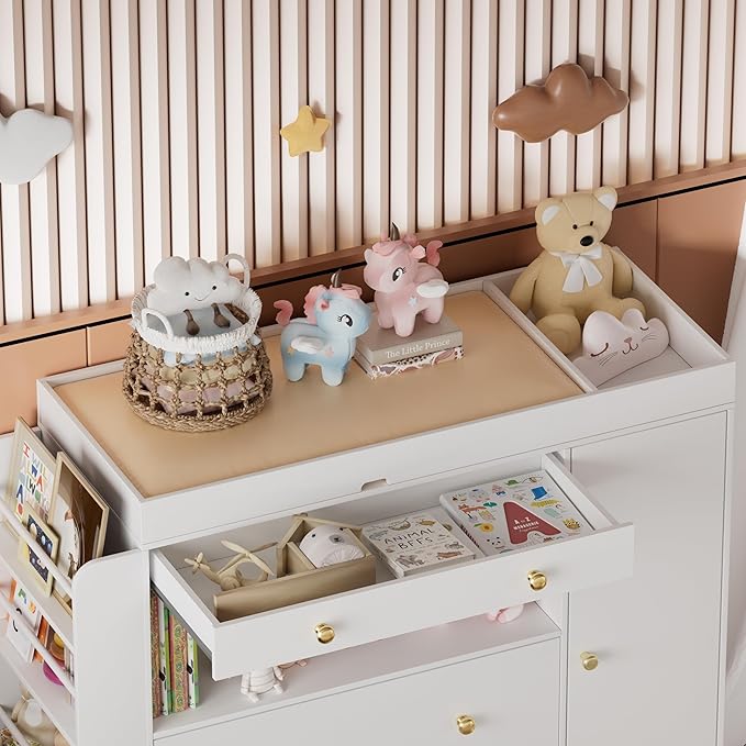 FURNJOYLIFE Nursery Dresser with Baby Changing Table, Modern Diaper Changing Station,Dresser for Nursery with 3 Drawers & Shelves, Storage Crib with Changing Table, White
