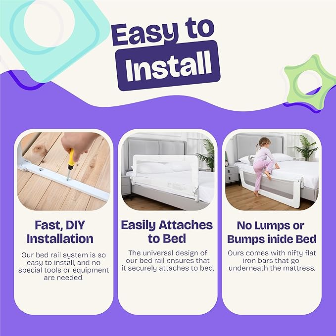 ComfyBumpy 2-Pack Bed Rail for Toddlers 55.5" L x 19.5" H | Toddler Bed Rails for Twin, Full, Queen & King Mattress Size | Swing Down Rail Guard | Mattress Side Rail for Kids | White