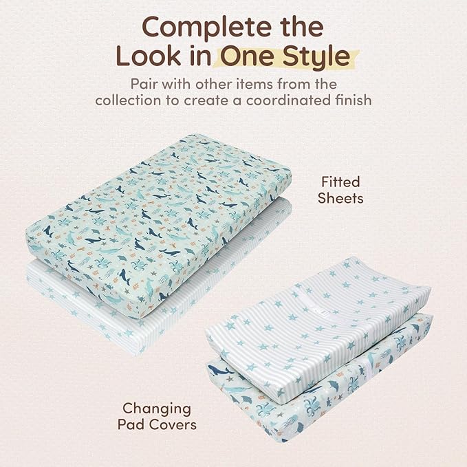Baby Changing Pad Covers Girl 32"x16", 8" Deep Pocket - Diaper Changing Pad Cover Nautical, 100% Cotton Ocean Whale Diaper Change Table Sheet for Girl & Boy, 2 Pack, Designed in France, Teal-White
