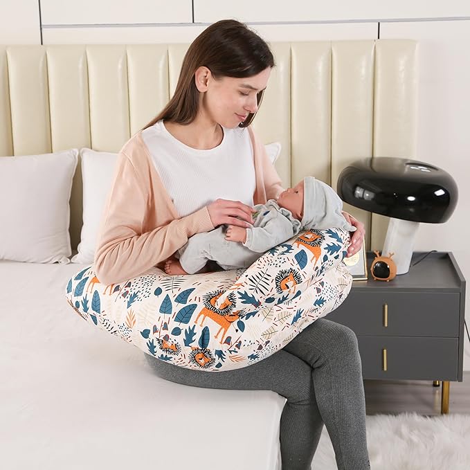 Nursing Pillow for Breastfeeding,Ergonomic Baby Feeding Pillows with Removable Washable Cotton Slipcover, Adjustable Waist Strap,Plus Size,More Support for Mom and Baby(Lion)