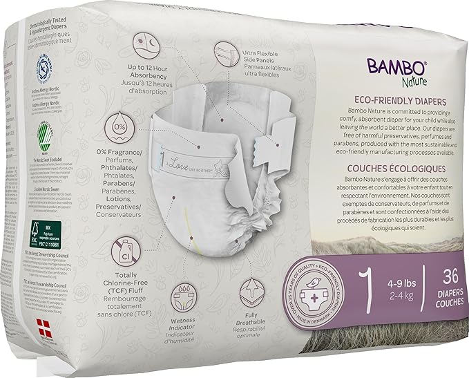 Bambo Nature Premium Baby Diapers - French/English Packaging, Size 1, 216 Count