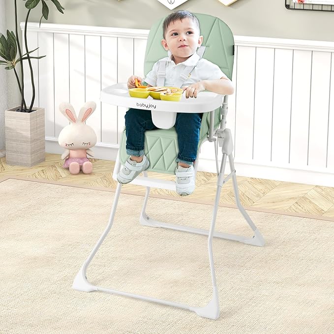 BABY JOY Foldable High Chair, Portable Highchairs for Babies and Toddlers with 3-Position Adjustable Tray & Footrest, Removable Seat Cushion, 5-Point Safety Harness, Space Saving Design (Green)