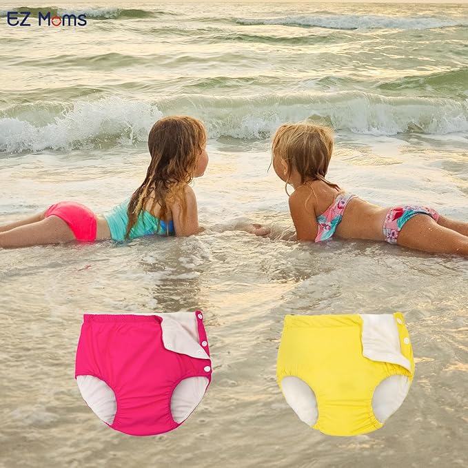 EZ Moms 2 Packs Reusable Swim Diapers Toddler Baby Swim Diaper Size 1 Washable Snap Pool Infant Swimming Diaper 12-18 Months Soft Water Diaper for Swimming Lessons Boys and Girls with a Laundry Bag