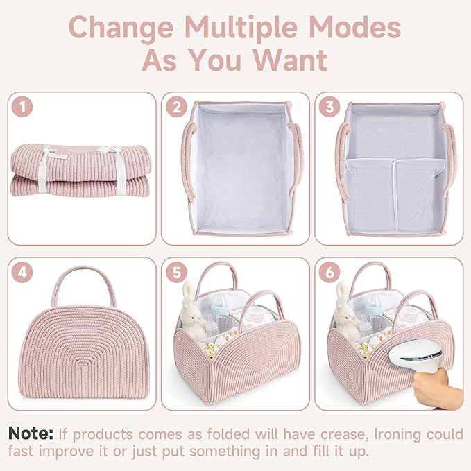 Diaper Caddy Organizer for Baby, Cotton Rope Baby Gift Basket,Portable Diaper Organizer for Changing Table,Diapers Nursery Storage Organizer for Travel,Camping,Darkpink Baby Shower Gifts for Newborn