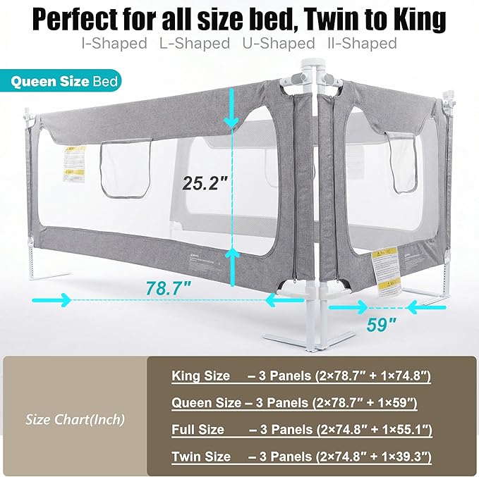 Queen Size Baby Bed Rail Guard – Extra Tall Safety Bedside Rail with Headboard Rod for Toddlers, Adjustable No-Gap Design, 3 Panels (2×78.7″ + 1×59″), Gray