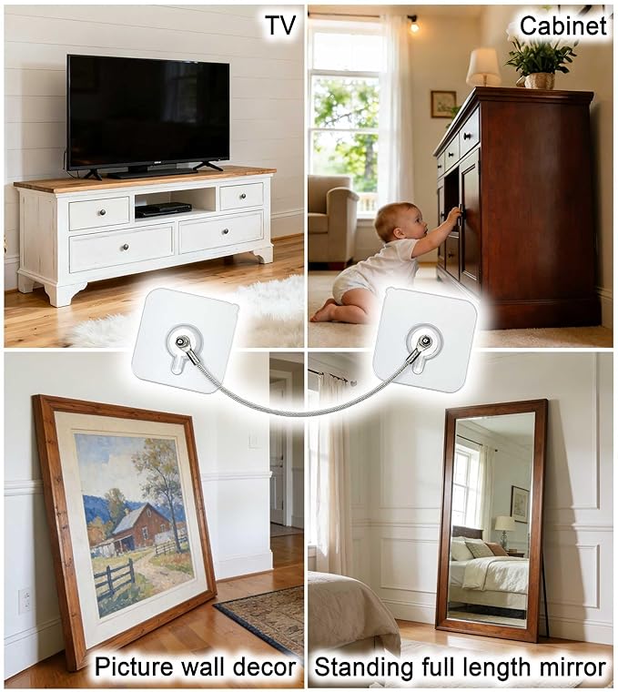 8 Pack, 4 pcs 8''+4 pcs 16'' Furniture Anchors Kit for Baby Proofing, Adhesive TV Safety Straps Use to Prevent Falling and Anti Tip, No Drill Dresser Or Cabinet to Wall Anchors