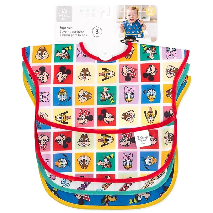 Bumkins Disney Bibs for Girl or Boy, SuperBib Baby and Toddler for 6-24 Months, Essential Must Have for Eating, Feeding, Baby Led Weaning, Mess Saving Waterproof Soft Fabric, 3-pk Mickey and Friends