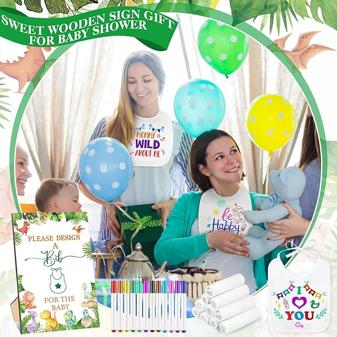 Panitay 100 Pcs DIY Baby Bibs Decorating Kit 50 White Bibs 25 Stencils 24 Markers 1 Baby Shower Game Sign