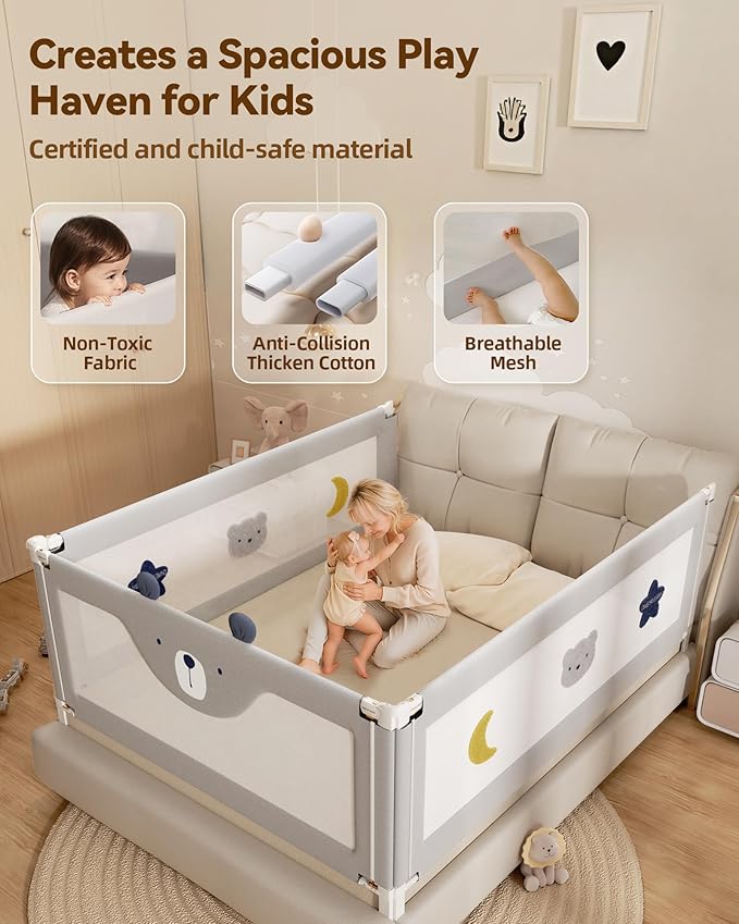 3 Piece Full Size Bed Rails for Toddlers, No-Drill Needed Baby Bed Rail Guard with Height Adjustable, Thickened Child Safety Side Railing Guards/Bedrail for Kids,Grey Bear Cute Design, 54x74.8x74.8in
