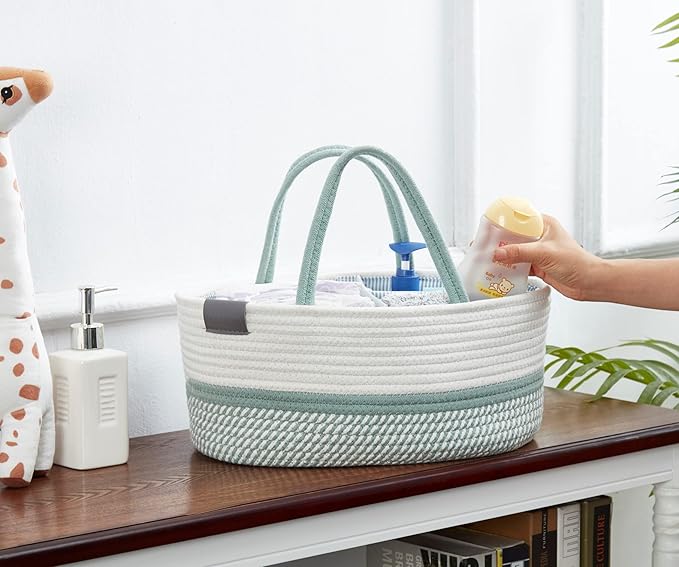 DECOMOMO XL Baby Caddy Organizer, Mother's Day Diaper Caddy Basket, Baskets for Baby Shower Gifts (Sage Green & White, Extra Large)