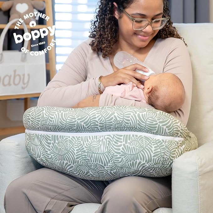 Boppy Complete Nursing Pillow, Breastfeeding & Bottle Feeding Ergonomic Feeding Pillow with Removable Belt, CloseComfort No-Gap Design, Full-Length Positioning Bolster, Washable Cover-Green Sage Vines