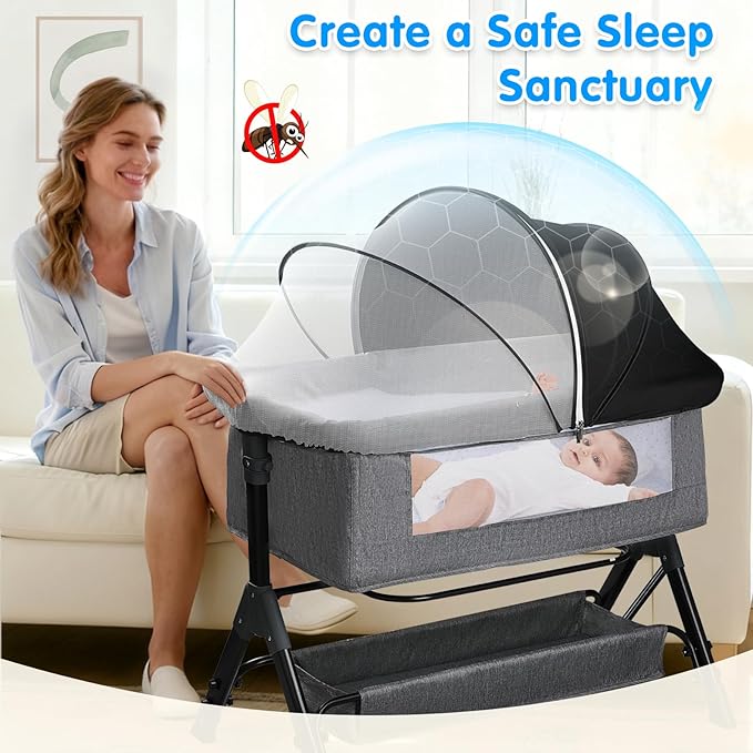 Bassinet Mosquito Net Cover - Half-Blackout Mosquito Net for Baby Crib & Bedside Sleeper, Breathable Crib net with 2-Way Zipper, Sun-Blocking Baby Mosquito Net Cover (Black-Small)
