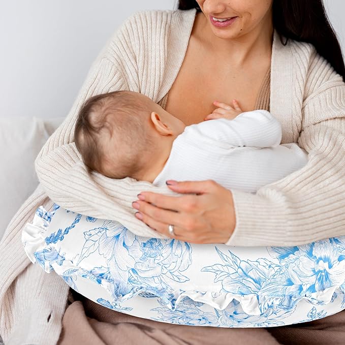 DILIMI Nursing Pillow Cover, Removable Ruffled Pillowcase for Breastfeeding Pillows, Ultra Soft Comfortable Slipcover for Baby Girl and Boy, Blue Floral