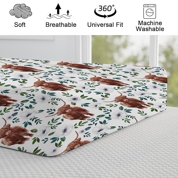 Highland Cows White Poppy Changing Pad Cover Cute Yak Boho Floral Diaper Changing Table Cover Sheets for Boys Girls Soft Breathable Stretchy Fitted Changing Table Mats 32''x16''